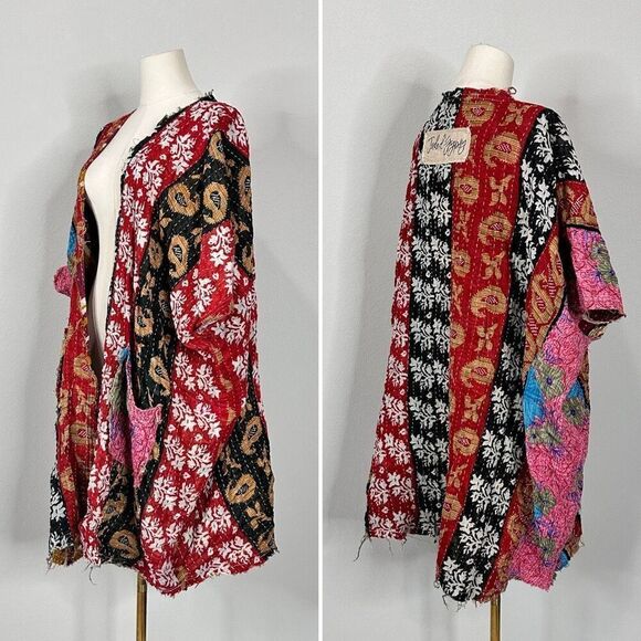 Jaded Gypsy Kantha Kimono OS  Frayed Edges Boho Festival Cottage Artsy Rustic - Picture 4 of 16